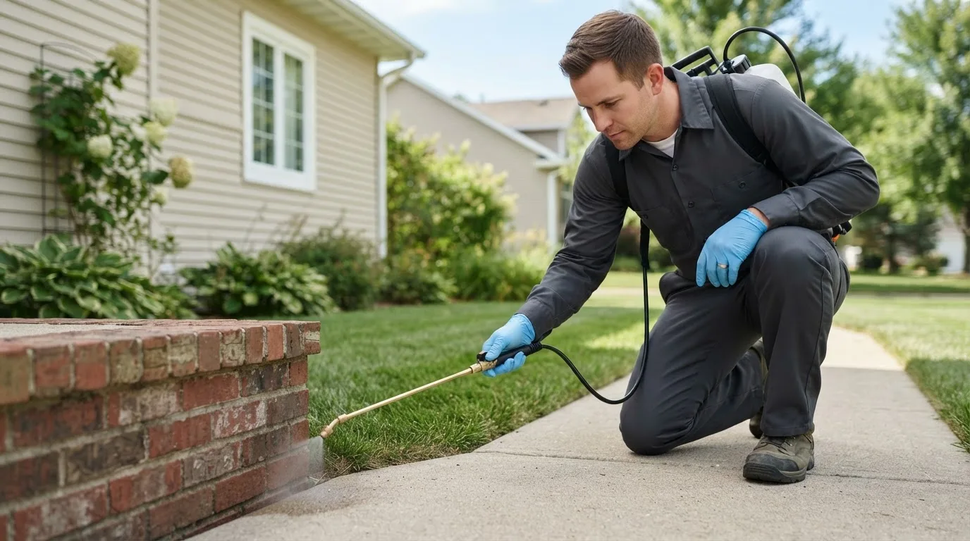 Pest control technician treating a home near Pyote, TX